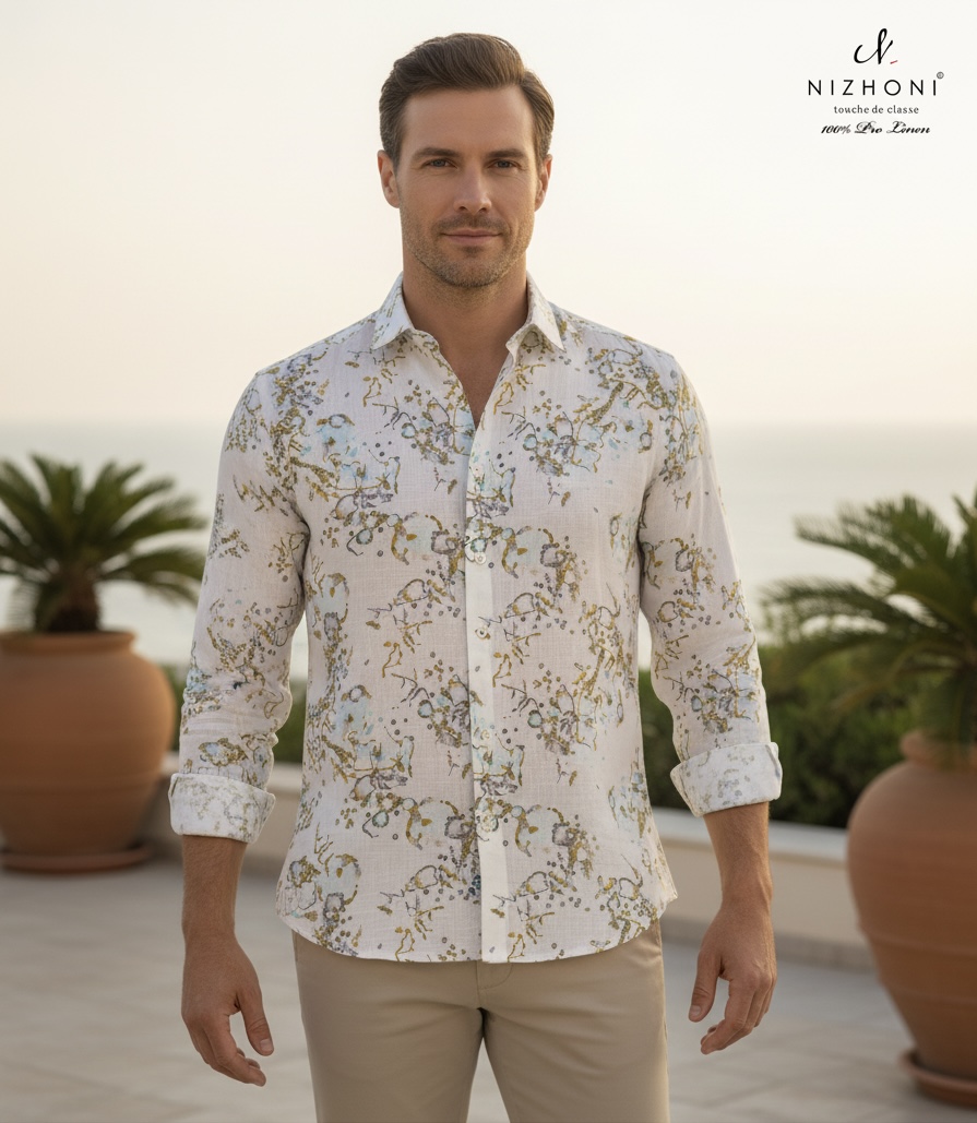 WHITE PRINTED FULL SLEEVE SHIRT SLIM FIT&nbsp;